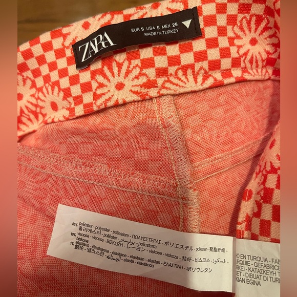 Zara Orange Pink Checkered Daisy Flower Size Small Flare Pants Women hippie boho - Picture 3 of 8